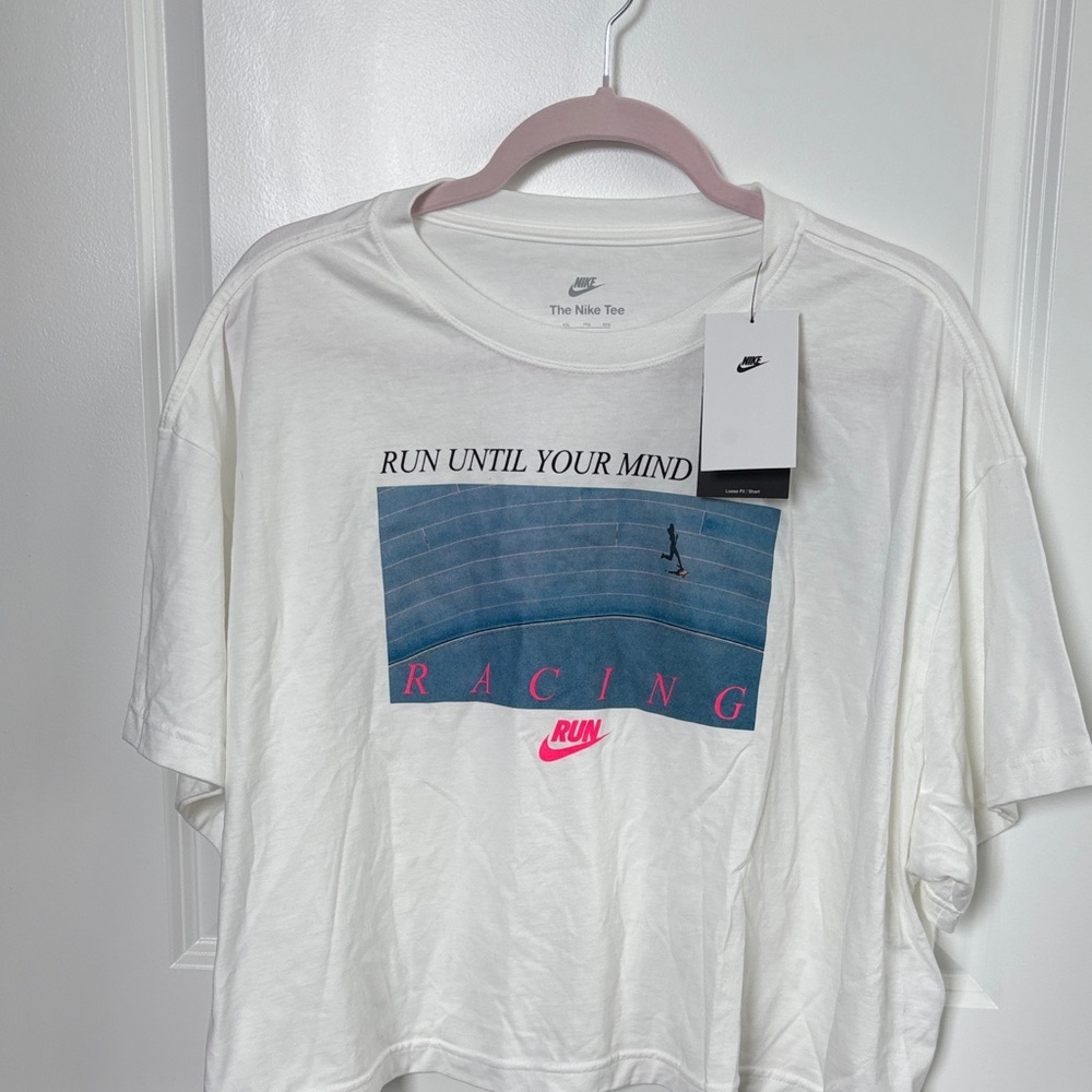 Nike Women's White Tee with Blue and Pink Graphic